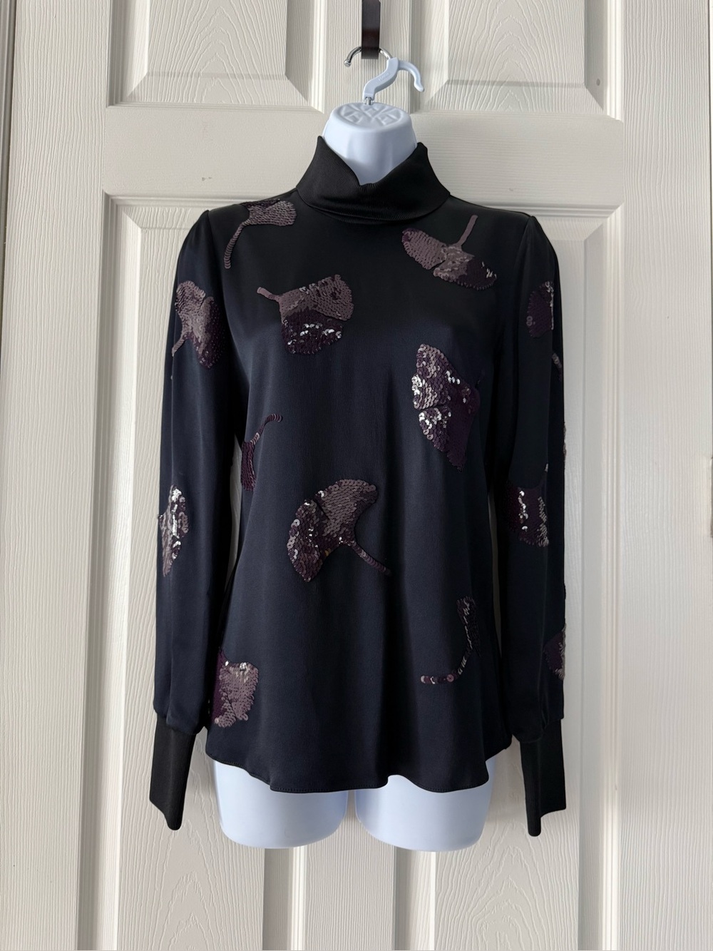 3.1 Phillip Lim Ginkgo Leaf Sequin Satin High Neck Blouse Midnight Blue Size 4